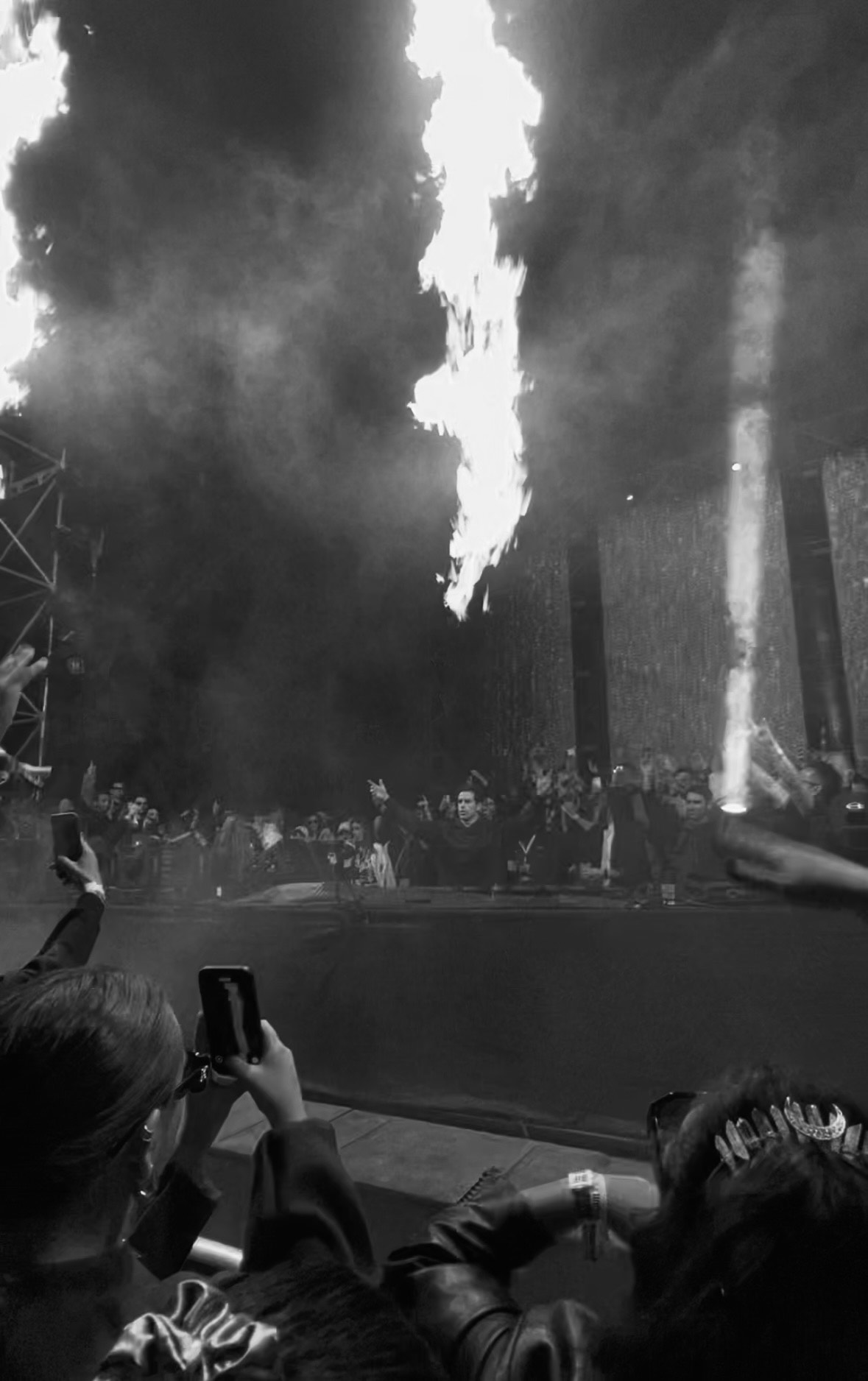 Concert pyrotechnics in black and white